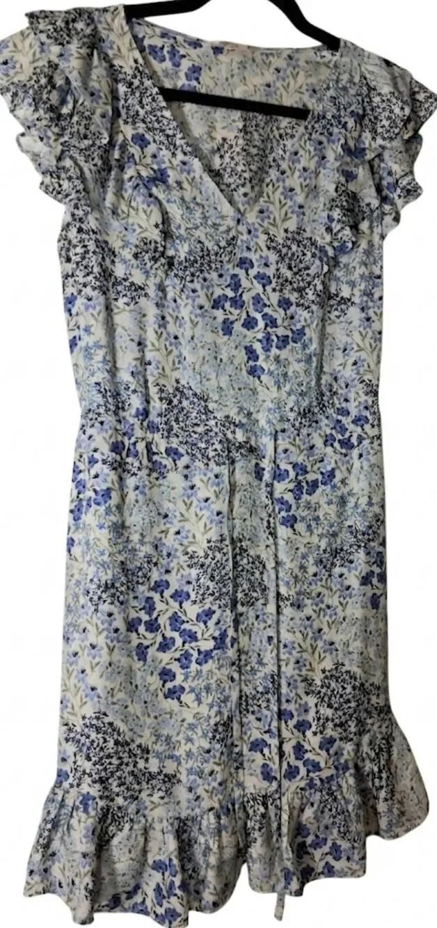 Rebecca Taylor womens size 2 dress blue ruffle silk floral boho cottagecore